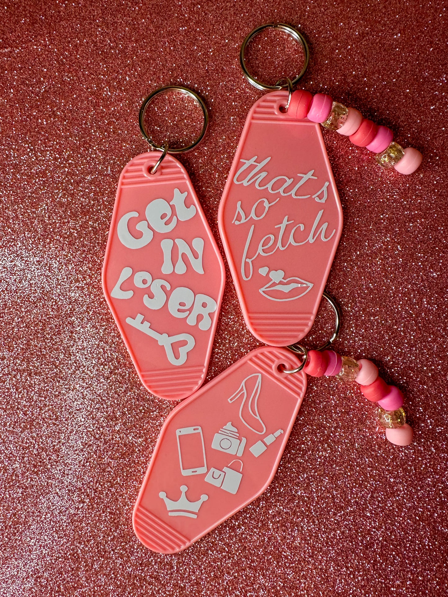 Get in Loser & That's so Fetch Keychains | Mean Girls 2024 Pink Plastic Cute Hotel Keychain