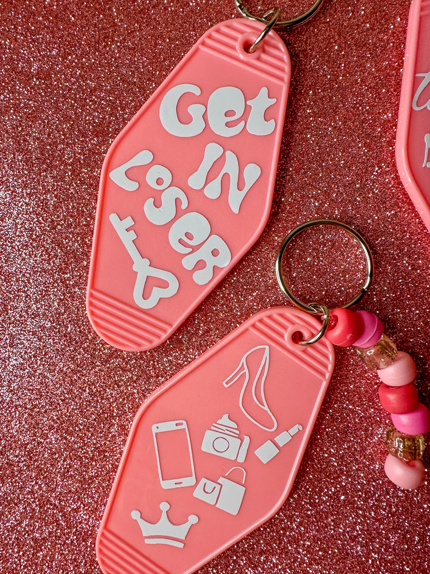 Get in Loser & That's so Fetch Keychains | Mean Girls 2024 Pink Plastic Cute Hotel Keychain