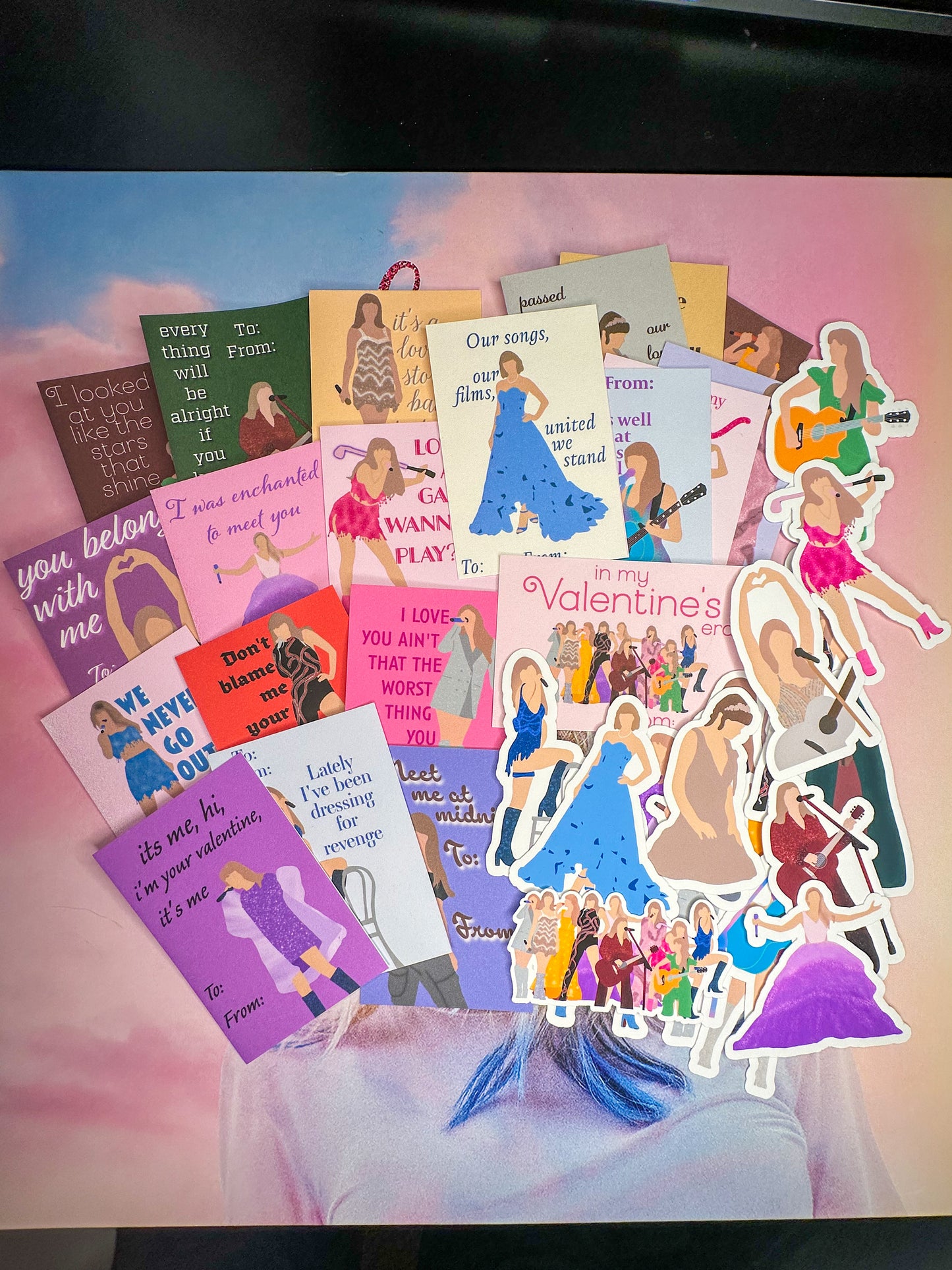Taylor Swift Valentines with stickers! (20 Valentines!) | Eras Tour Swiftie Cute doodle Valentines including matte finish stickers