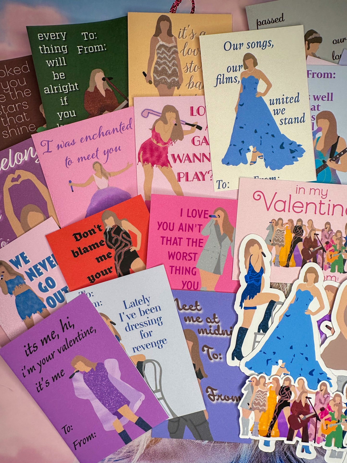 Taylor Swift Valentines with stickers! (20 Valentines!) | Eras Tour Swiftie Cute doodle Valentines including matte finish stickers
