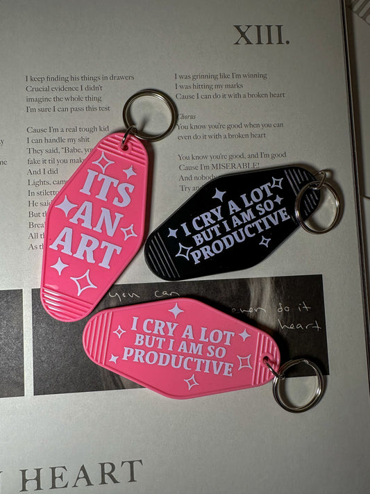 Taylor Swift Motel Keychains | 4 Designs | Fuck the Patriarchy In My Getaway Car Era TTPD, I Cry a Lot But I am so Productive Plastic Eras Tour Waterproof Vinyl Cute Gift Swiftie Hotel Motel