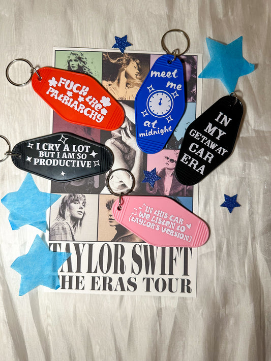 Taylor Swift Motel Keychains | 5 Designs | Fuck the Patriarchy In My Getaway Car Era TTPD, I Cry a Lot But I am so Productive Plastic Eras Tour Waterproof Vinyl Cute Gift Swiftie Hotel Motel